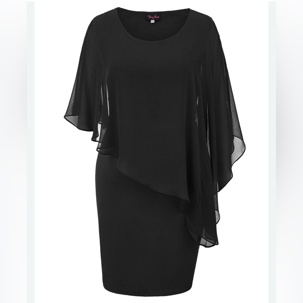 HANNA NIKOLE Women's Cape Dress Chiffon Overlay Wedding Short Black Mother XL‎